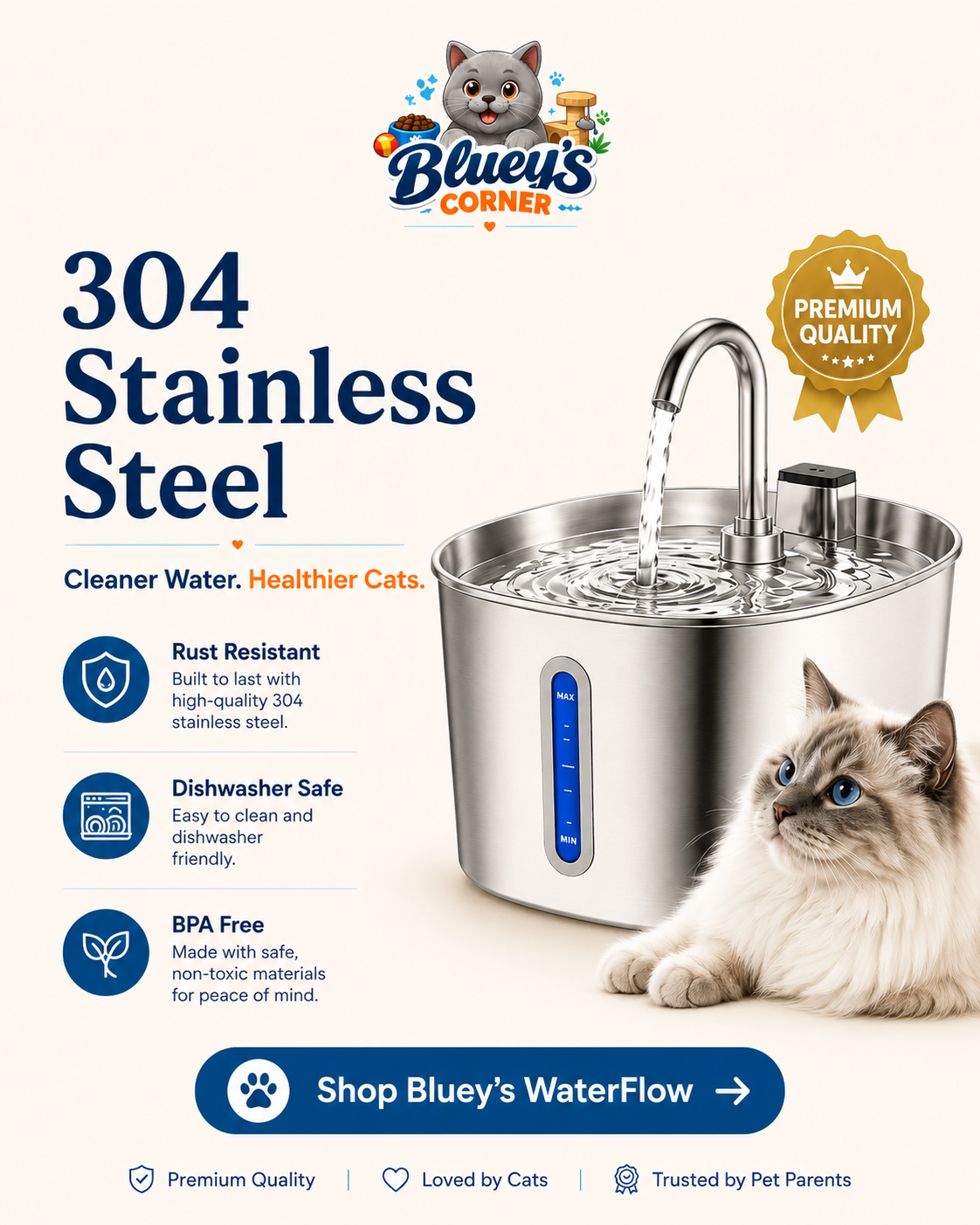 Bluey's WaterFlow 304 stainless steel pet fountain product benefits