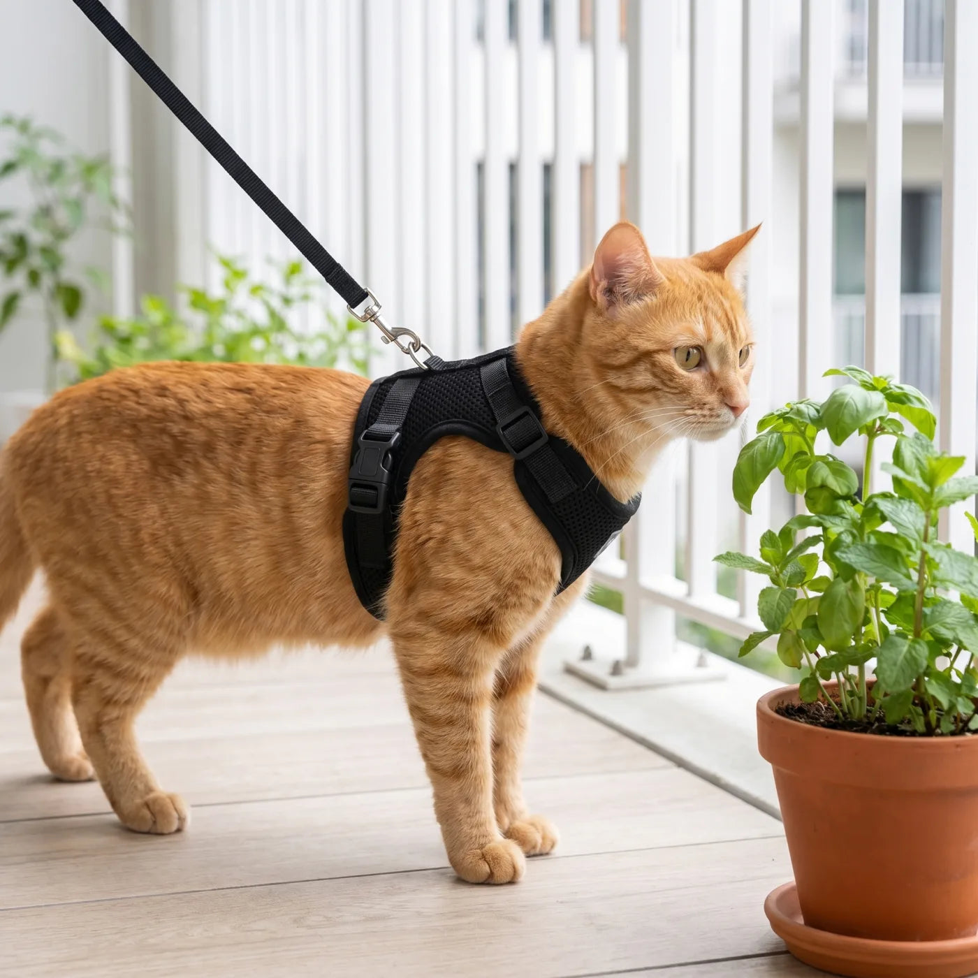 Cat wearing Bluey's Comfy Harness during a calm supervised balcony moment