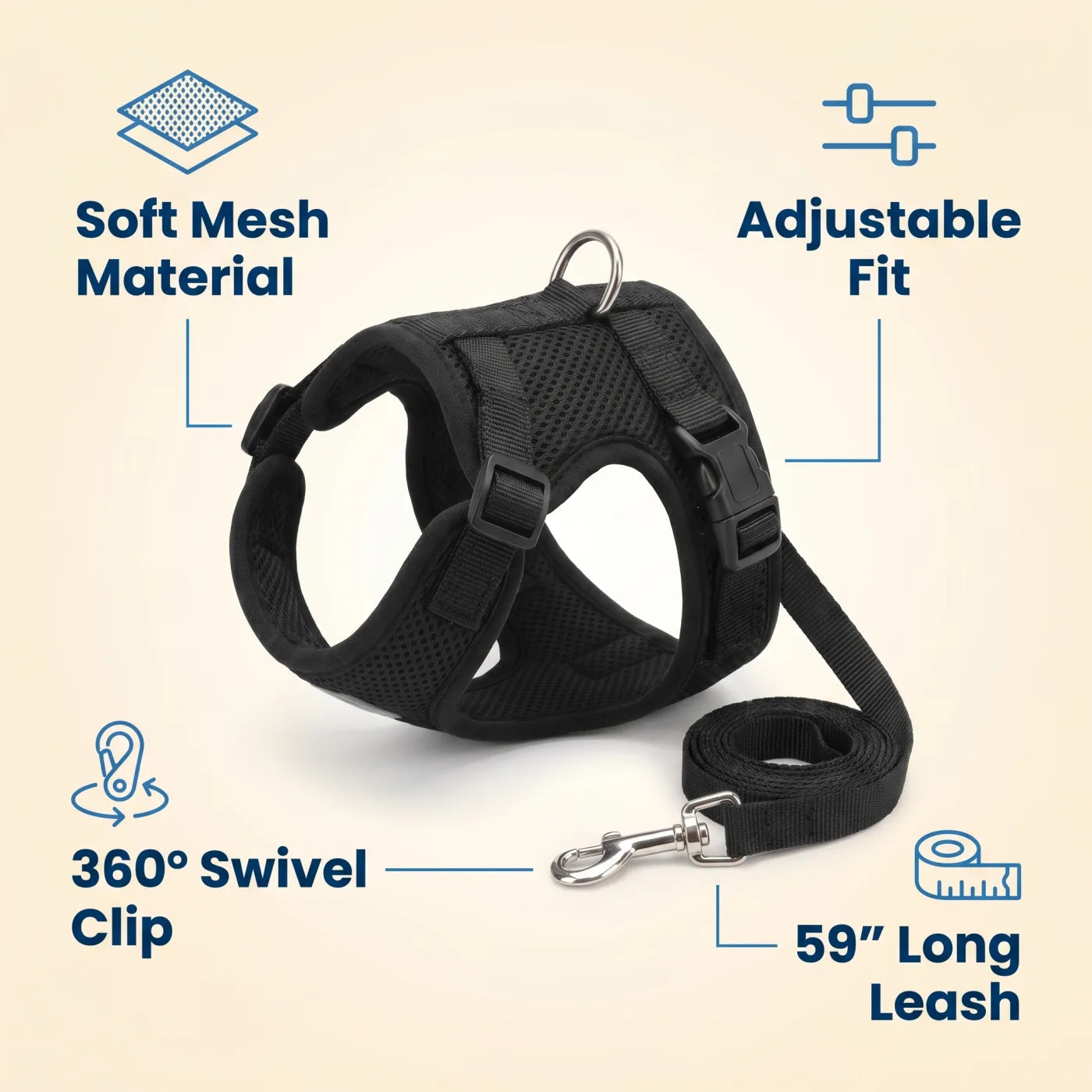 Bluey's Comfy Harness feature callouts showing soft mesh, adjustable fit and swivel clip
